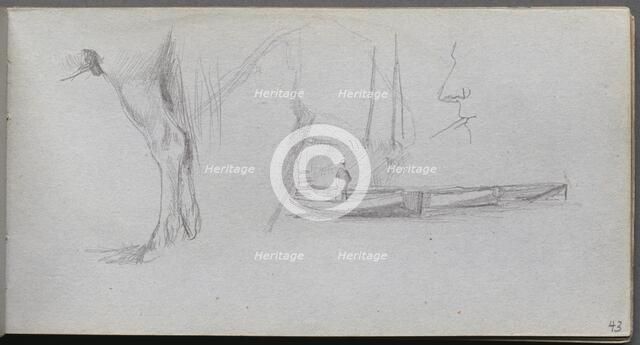 Sketchbook, page 43: Studies: Horse's leg, Figure in a Boat, and Profile. Creator: Ernest Meissonier (French, 1815-1891).