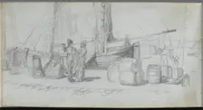 Sketchbook, page 50: Boats, Figures, Cargo on a Beach. Creator: Ernest Meissonier (French, 1815-1891)