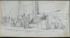 Sketchbook, page 50: Boats, Figures, Cargo on a Beach. Creator: Ernest Meissonier (French, 1815-1891)