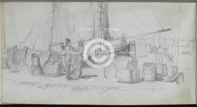 Sketchbook, page 50: Boats, Figures, Cargo on a Beach. Creator: Ernest Meissonier (French, 1815-1891).