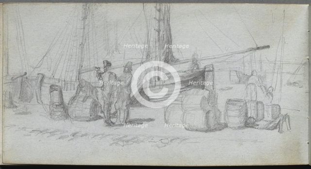Sketchbook, page 50: Boats, Figures, Cargo on a Beach. Creator: Ernest Meissonier (French, 1815-1891).