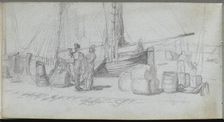 Sketchbook, page 50: Boats, Figures, Cargo on a Beach. Creator: Ernest Meissonier (French, 1815-1891)