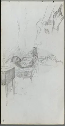 Sketchbook, page 71: Study of a Figure Reading in Bed, Study of a Hand. Creator: Ernest Meissonier (French, 1815-1891)