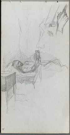 Sketchbook, page 71: Study of a Figure Reading in Bed, Study of a Hand. Creator: Ernest Meissonier (French, 1815-1891)
