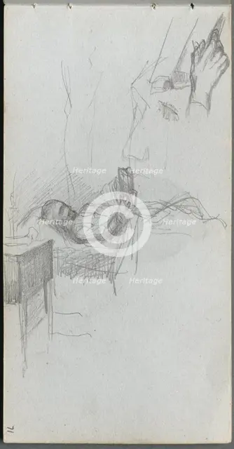 Sketchbook, page 71: Study of a Figure Reading in Bed, Study of a Hand. Creator: Ernest Meissonier (French, 1815-1891).