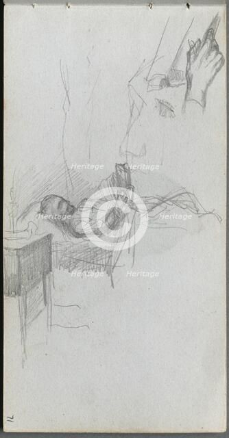 Sketchbook, page 71: Study of a Figure Reading in Bed, Study of a Hand. Creator: Ernest Meissonier (French, 1815-1891).