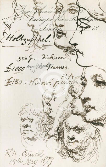 Sketches and notes made at a Royal Academy Council meeting, 15 May, 1877. Creator: Sir John Gilbert.