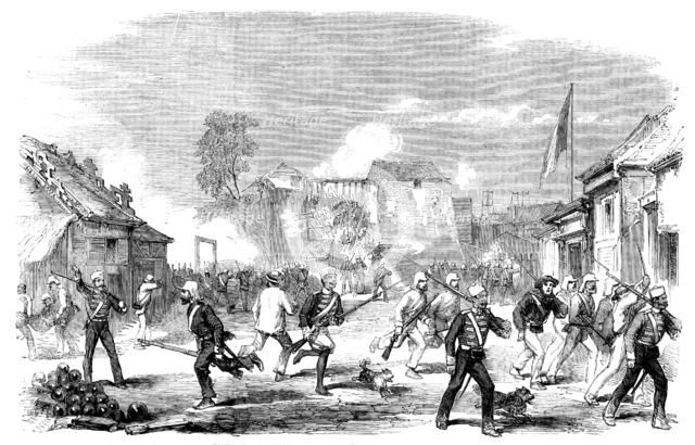 Sketches at Canton - Panic at the Commissariat Stores - "Great Firing and No Execution", 1858. Creator: Unknown.