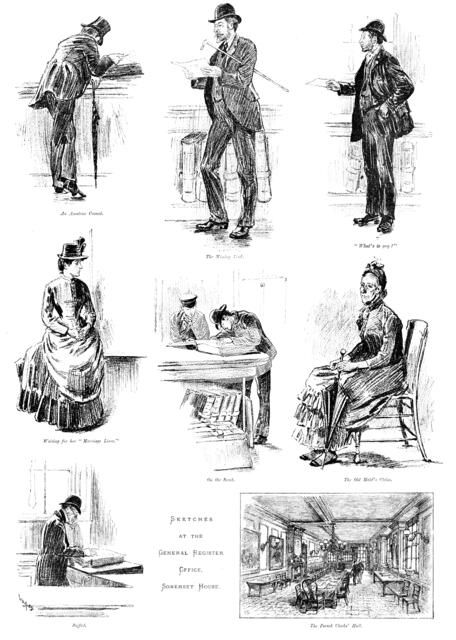 Sketches at the General Register Office, Somerset House, 1890. Creator: Unknown.