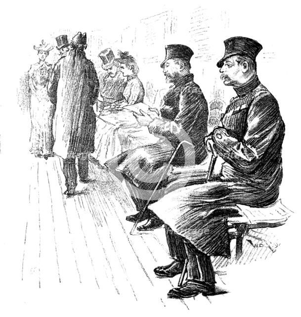 Sketches at the Royal Military Exhibition: Chelsea Pensioners listening to the band, 1890. Creator: Unknown.