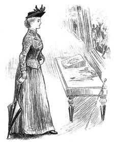 Sketches at the Royal Military Exhibition: looking at a battle picture, 1890. Creator: Unknown