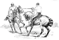 Sketches at the Royal Military Tournament...: fencing on horseback, 1890. Creator: Unknown