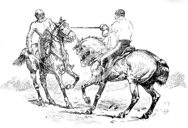 Sketches at the Royal Military Tournament...: fencing on horseback, 1890. Creator: Unknown.