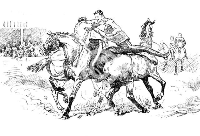 Sketches at the Royal Military Tournament...: wrestling on horseback, 1890. Creator: Unknown.