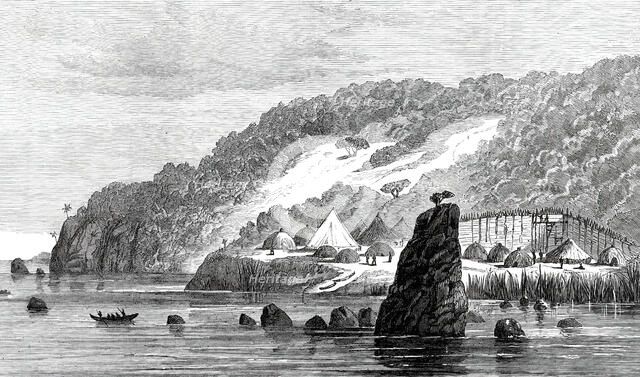 Sketches by Lieutenant Cameron in Central Africa: Kituta Village, Lake Tanganyika, 1876. Creator: Unknown.