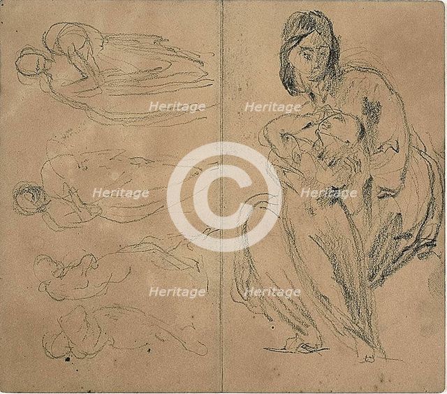 Sketches: Four Figures and Seated Mother and Child (recto); Seate..., 1860 (recto); 1847/75 (verso). Creator: Jean-Baptiste Carpeaux.