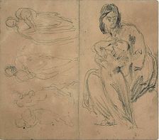 Sketches: Four Figures and Seated Mother and Child (recto); Seate..., 1860 (recto); 1847/75 (verso). Creator: Jean-Baptiste Carpeaux