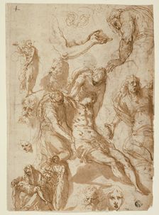 Sketches for a Lamentation and a Pietà, and of Various Figures, Heads..., 1580 (r); 1576/80 (v). Creator: Jacopo Palma