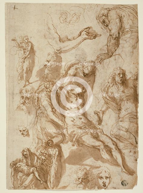 Sketches for a Lamentation and a Pietà, and of Various Figures, Heads..., 1580 (r); 1576/80 (v). Creator: Jacopo Palma.