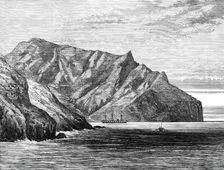 Sketches from H.M.S. Challenger, by Mr. J. J. Wild: the Challenger in Cumberland Bay,...1876. Creator: John Greenaway