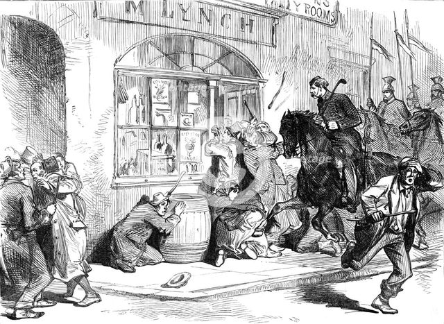 Sketches from Ireland: Lancers clearing the street of Granard at the Longford Election, 1870. Creator: Unknown.