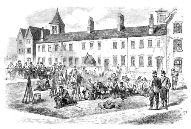 Sketches from Ireland: troops in the yard of the Poorhouse at Kells, 1870. Creator: Unknown.
