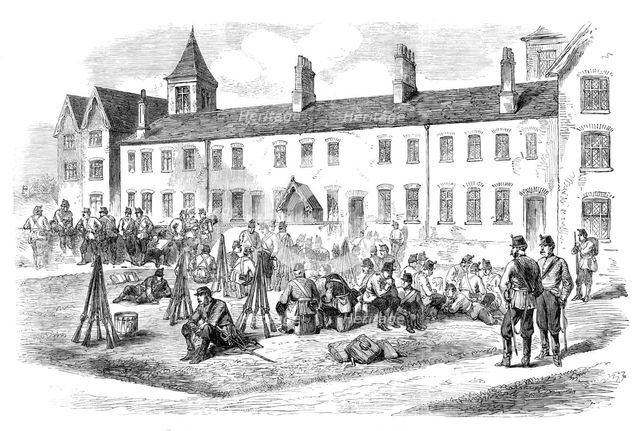Sketches from Ireland: troops in the yard of the Poorhouse at Kells, 1870. Creator: Unknown.