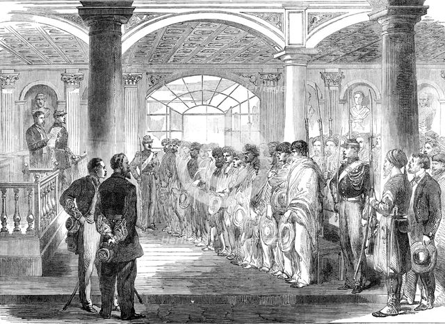 Sketches from Mexico: court-martial of Mexican brigands at Puebla, 1864. Creator: Unknown.