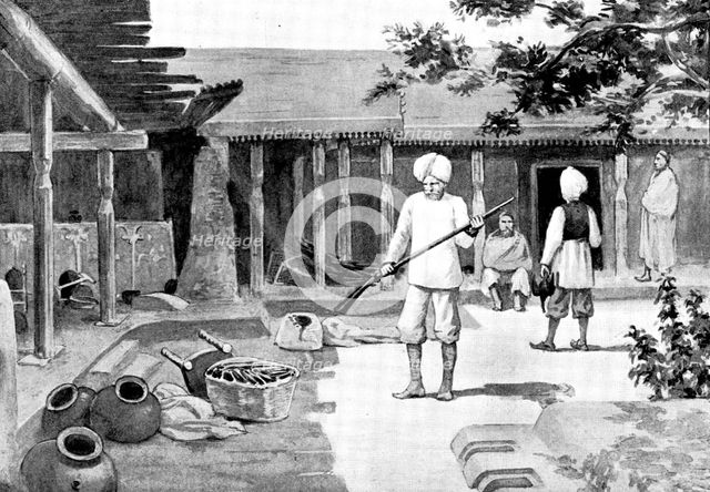 Sketches in Chitral: interior of a headman's house in Mian-Kili, 1895. Creator: George Meisenbach.