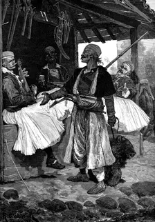 Sketches in Albania: a bear-fancier in the Bazaar, Scutari, 1880. Creator: Eugène Froment