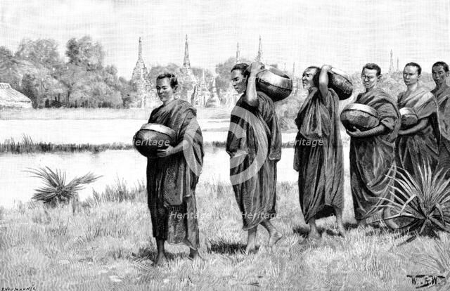 Sketches in Burmah: Buddhist monastery - Phoongyees...with alms begged for their morning meal, 1890. Creator: P Naumann.