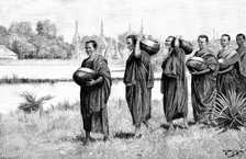 Sketches in Burmah: Buddhist monastery - Phoongyees...with alms begged for their morning meal, 1890. Creator: P Naumann