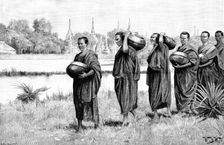 Sketches in Burmah: Buddhist monastery - Phoongyees...with alms begged for their morning meal, 1890. Creator: P Naumann