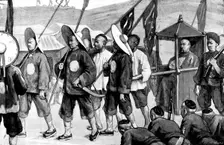 Sketches in Formosa: the General of the "Black Flags" inspecting the fortifications at Takow, 1895. Creator: George Meisenbach