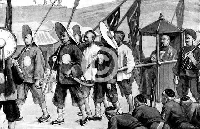 Sketches in Formosa: the General of the "Black Flags" inspecting the fortifications at Takow, 1895. Creator: George Meisenbach.