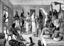 Sketches in Formosa: the savages feel our muscle, 1890. Creator: P Naumann