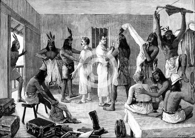Sketches in Formosa: the savages feel our muscle, 1890. Creator: P Naumann.