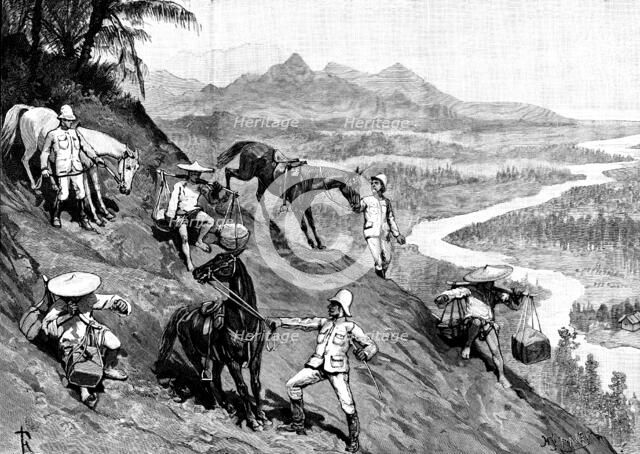 Sketches in Formosa: a hazardous descent, 1890. Creator: H. F. Davey.