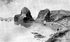 Sketches in Formosa: bay on the north side of Keeling, with fleet at anchor off the town, 1895. Creator: Unknown
