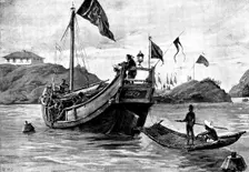 Sketches in Formosa: "Black Flag" soldiers laying down mines at the entrance to Takow Harbour, 1895. Creator: George Meisenbach