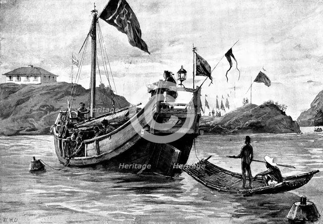 Sketches in Formosa: "Black Flag" soldiers laying down mines at the entrance to Takow Harbour, 1895. Creator: George Meisenbach.
