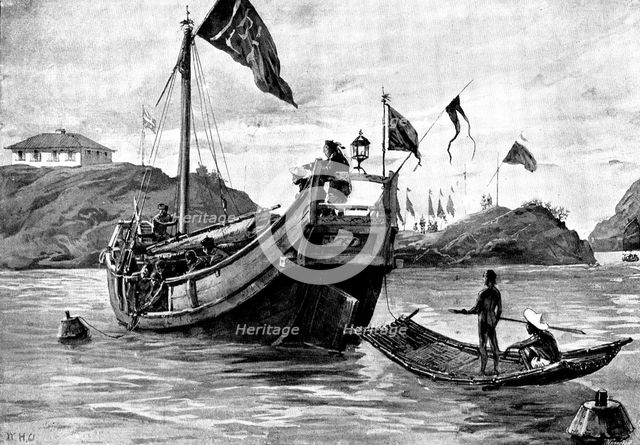 Sketches in Formosa: "Black Flag" soldiers laying down mines at the entrance to Takow Harbour, 1895. Creator: George Meisenbach.