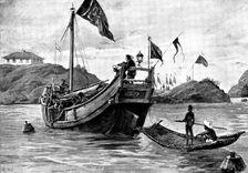 Sketches in Formosa: "Black Flag" soldiers laying down mines at the entrance to Takow Harbour, 1895. Creator: George Meisenbach