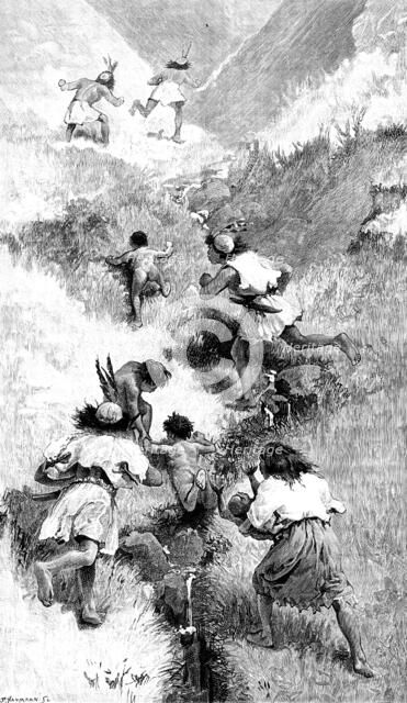 Sketches in Formosa: flight of savage chief and his tribe, 1890. Creator: P Naumann.