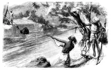 Sketches in India - Slinging Letter-bags across a Nullah in the Rainy Season, 1858. Creator: Unknown