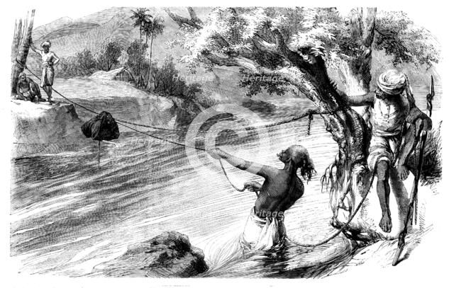 Sketches in India - Slinging Letter-bags across a Nullah in the Rainy Season, 1858. Creator: Unknown.