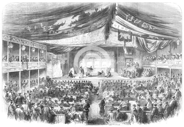 Sketches in Japan: the theatre at Osaka, 1868. Creator: Unknown.