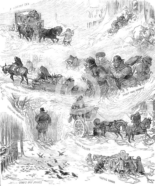 Sketches in London and the suburbs during the snowstorm, Tuesday, January 18, 1881. Creator: Unknown.