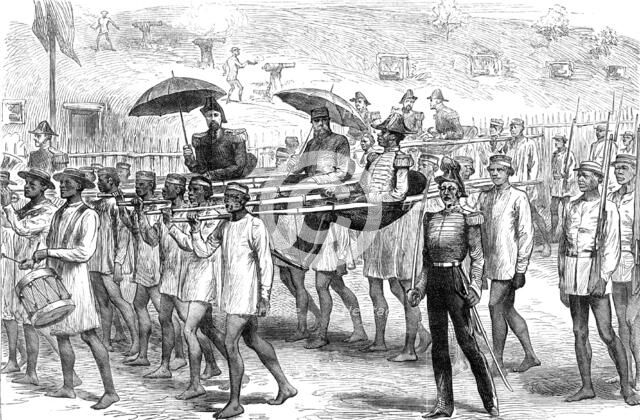 Sketches in Madagascar: British naval officers arriving on a visit to the Governor of Tamatave, 1881 Creator: Unknown.