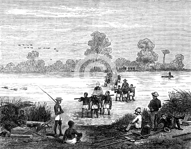 Sketches in Madagascar: crossing the Mourondava River, near Mohabo, 1881. Creator: Unknown.